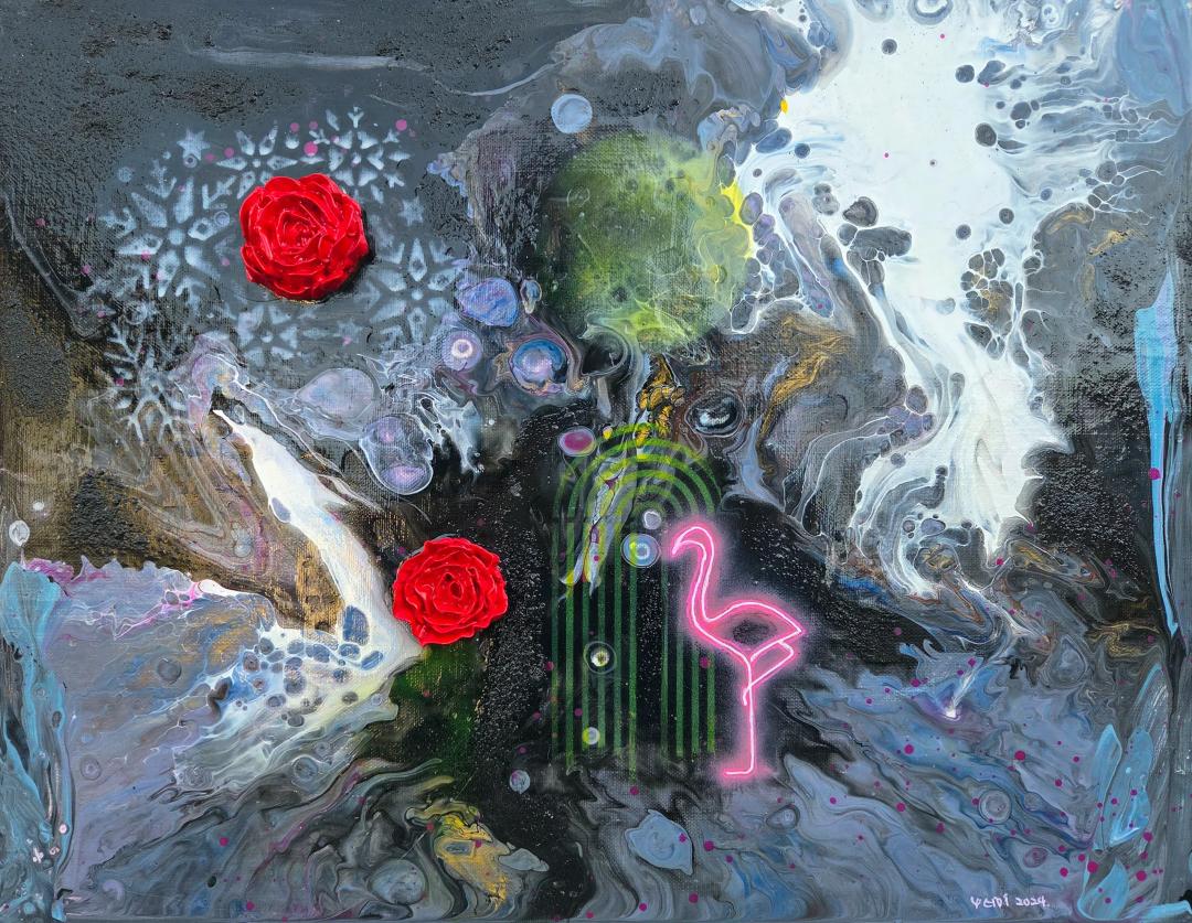 예미킴, 〈홍학의 꿈I〉, 2024, Mixedmedia on canvas, 31.6x40.9cm