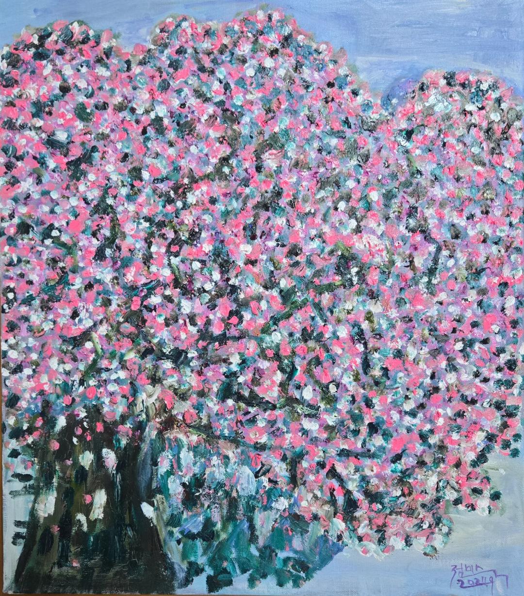 정미숙, 〈유도화〉, 유화, 53x45.5cm — 분홍과 흰 점으로 뒤덮인 유도화 나무