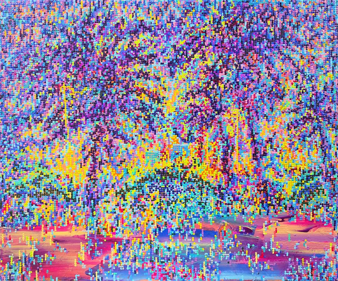 심모비, 〈9505 SIM_Memory〉, 캔버스에 아크릴 채색, 45.5x37.9cm — 표면에서 솟아오른 수천 개의 색점