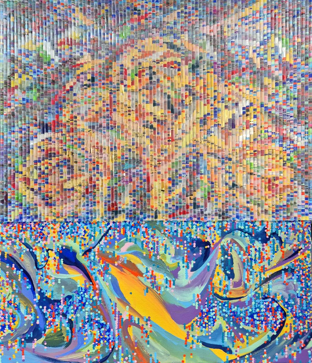 심모비, 〈9404 SIM_Visibility〉, 믹스미디어 이후 아크릴 스틱 콜라주, 아크릴 채색, 45.5x53cm
