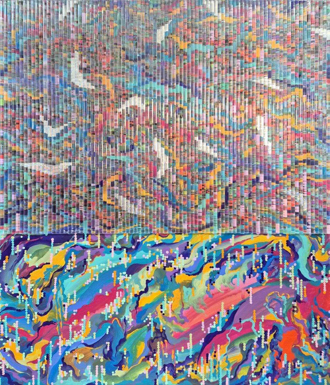 심모비, 〈9405 SIM_Visibility〉, 믹스미디어 이후 아크릴 스틱 콜라주, 아크릴 채색, 45.5x53cm, ₩800,000