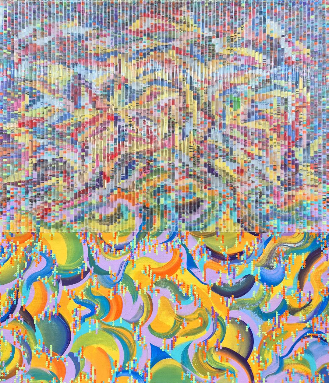 심모비, 〈9407 SIM_Visibility〉, 믹스미디어 이후 아크릴 스틱 콜라주, 아크릴 채색, 45.5x53cm, ₩800,000