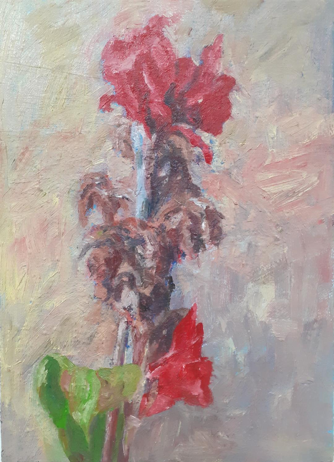 신미란, 〈붉은 꽃〉, 27.3x40.9cm — 분홍빛이 도는 회갈색의 두꺼운 붓질 배경 위에 붉은 꽃 두 송이가 피어 있고, 그 사이를 말라붙은 갈색 줄기가 잇고, 왼쪽 아래에 초록 잎이 있다