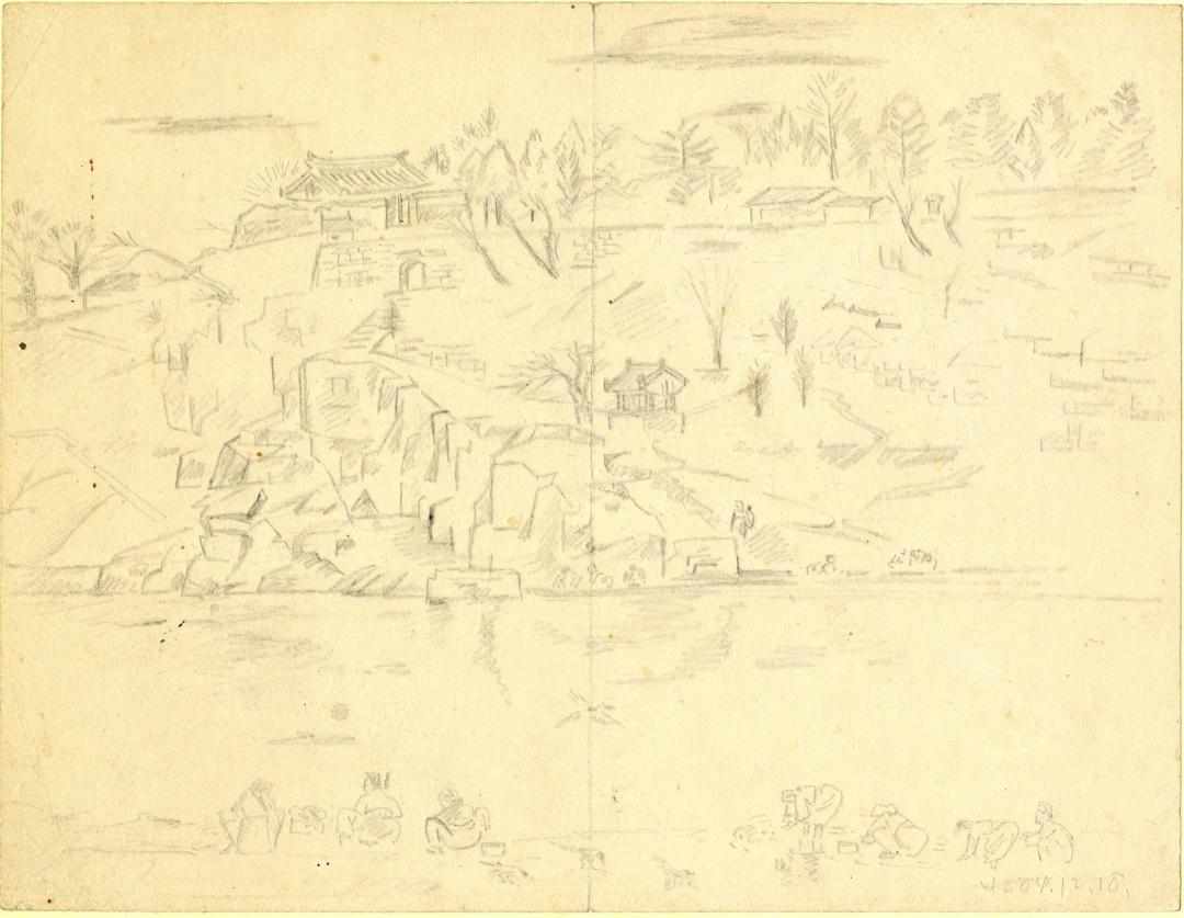 박생광, 〈진주 남강 풍경〉, 종이에 연필, 26.6x20.5cm — 언덕 위에 기와지붕 누각과 앙상한 나무가 서고 바위 절벽이 강가까지 내려오며, 강은 가는 가로 선과 비친 그림자뿐이고 아래쪽 물가에 웅크린 사람들이 모여 있다