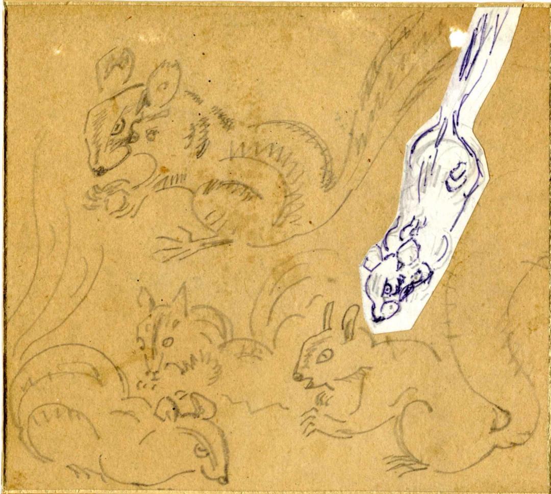 박생광, 〈다람쥐들〉, 종이에 연필 및 볼펜, 14.8x13.3cm — 한 마리 자리에 흰 종이를 덧대 볼펜으로 다시 그렸다