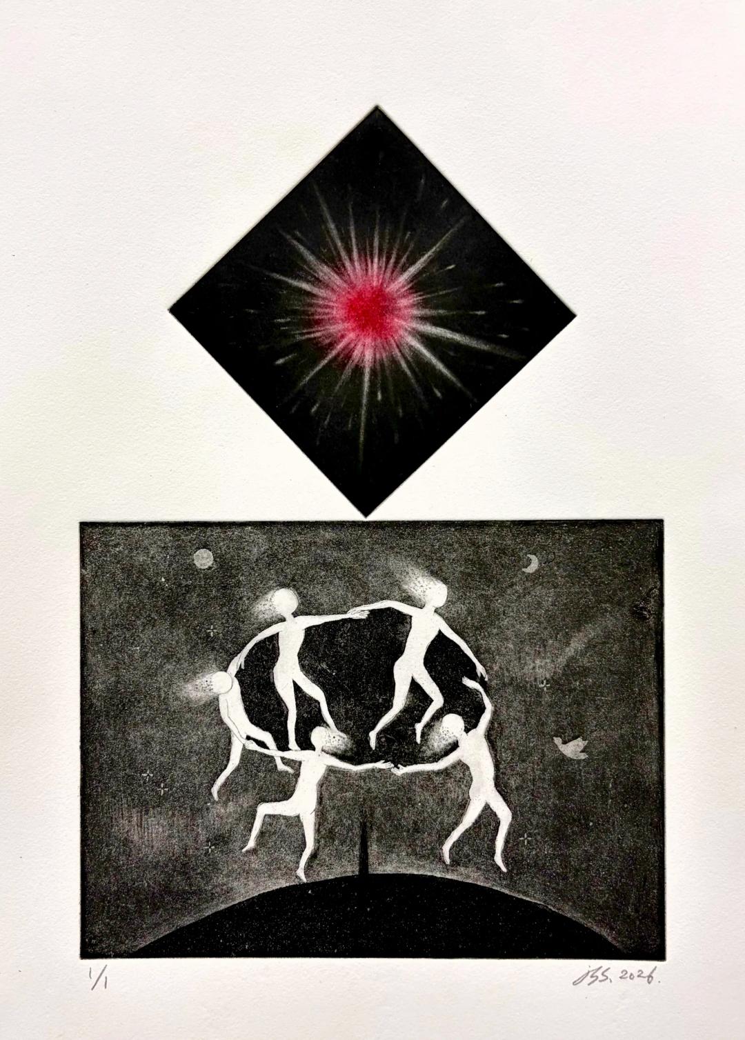 장성숙, 〈Danc of life〉, etching·mezzotint, 30x42cm — 오윤 40주기 특별 판화전 출품작