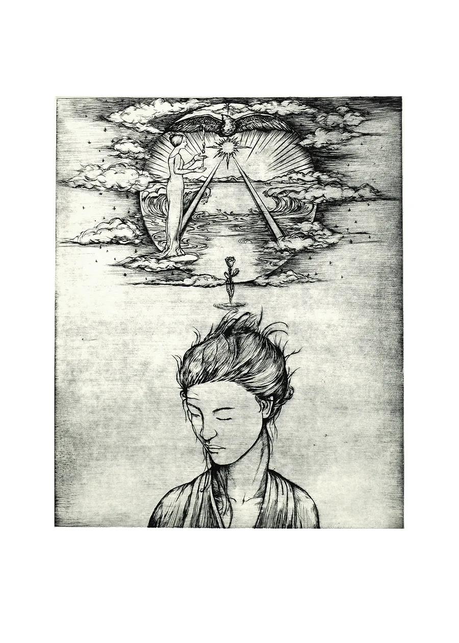 이순희, 〈꿈〉, 드라이포인트, 2019, 26.7x33cm — 눈을 감고 고개를 숙인 인물의 머리 위로 잔에 담긴 꽃 한 송이가 떠 있고, 그 위 태양 같은 원광 속에서 나체의 여성이 잔을 받쳐 들면 새 한 마리가 내려와 그것을 받는다