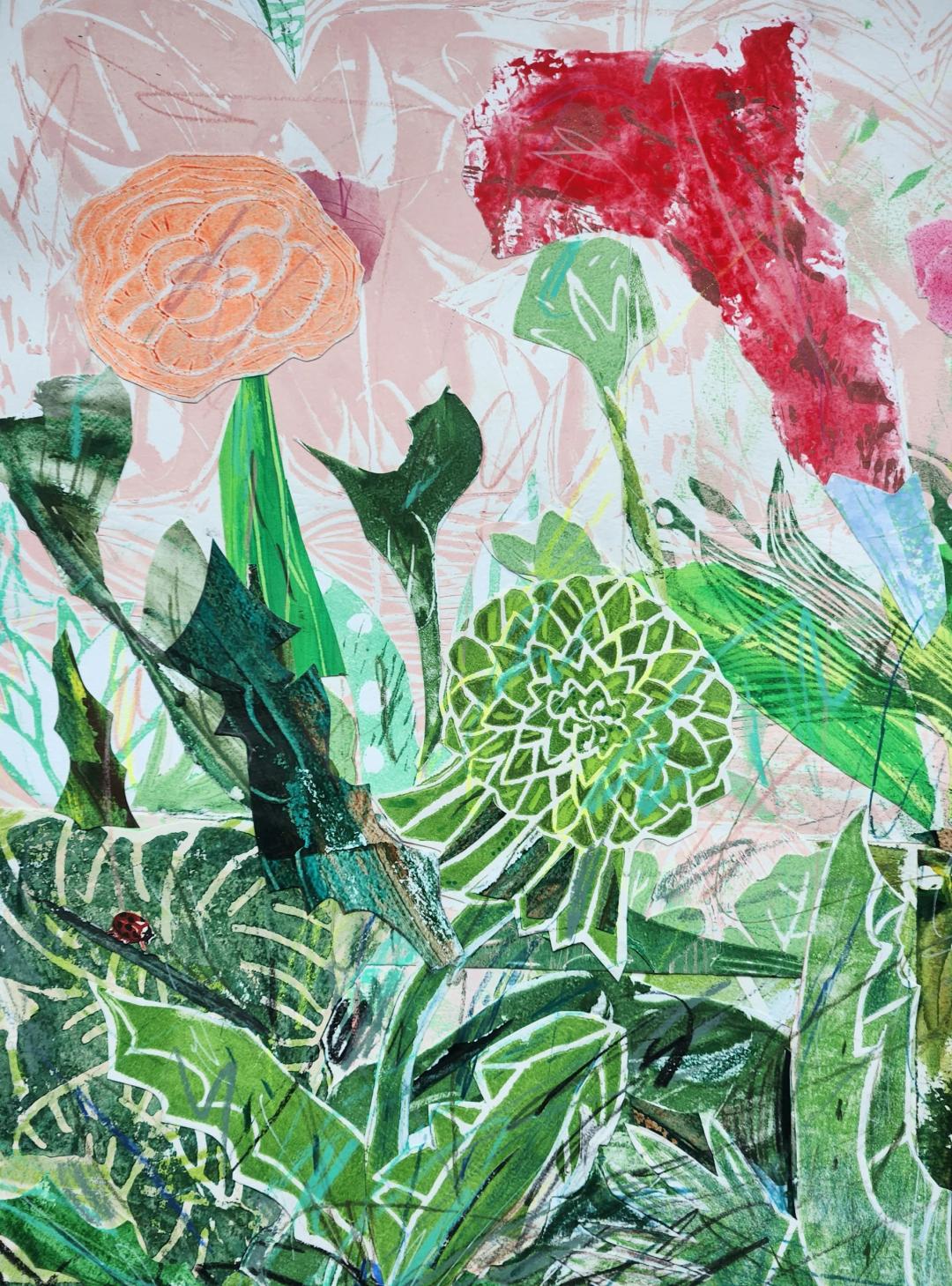 조영숙, 〈자연이야기〉, Mixed media, 40x50cm — 분홍 바탕 위에 오린 꽃과 잎을 겹쳐 놓은 화면