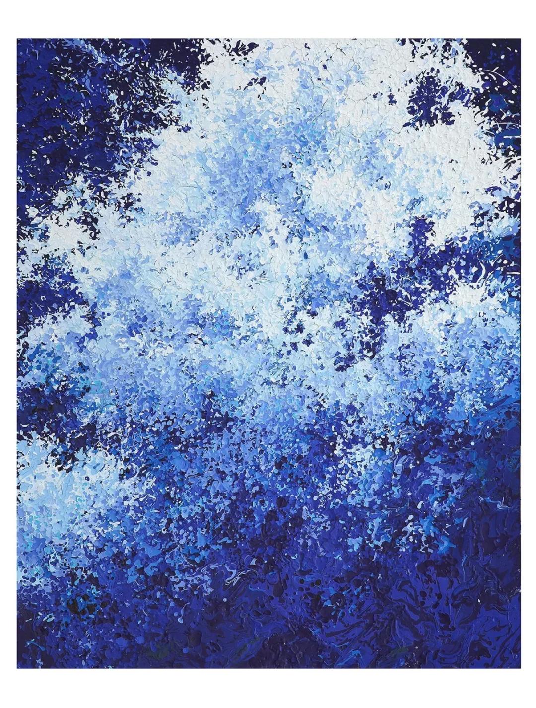 이혜선, 〈Glory_moment#+33〉, Mixed on canvas, 72.7x91cm — 짙은 감청 바탕에서 흰 포말이 터져 오르는 추상 화면