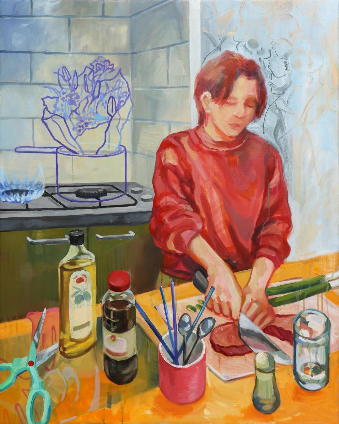 이채원, 〈소화 : 消化, 消火, 燒火〉, 린넨에 유채, 72.7x90.9cm — 부엌에서 칼질하는 인물, 뒤편 가스레인지에 파란 불꽃이 켜져 있고 그 위 냄비와 꽃다발은 보라색 선으로만 그려져 있다