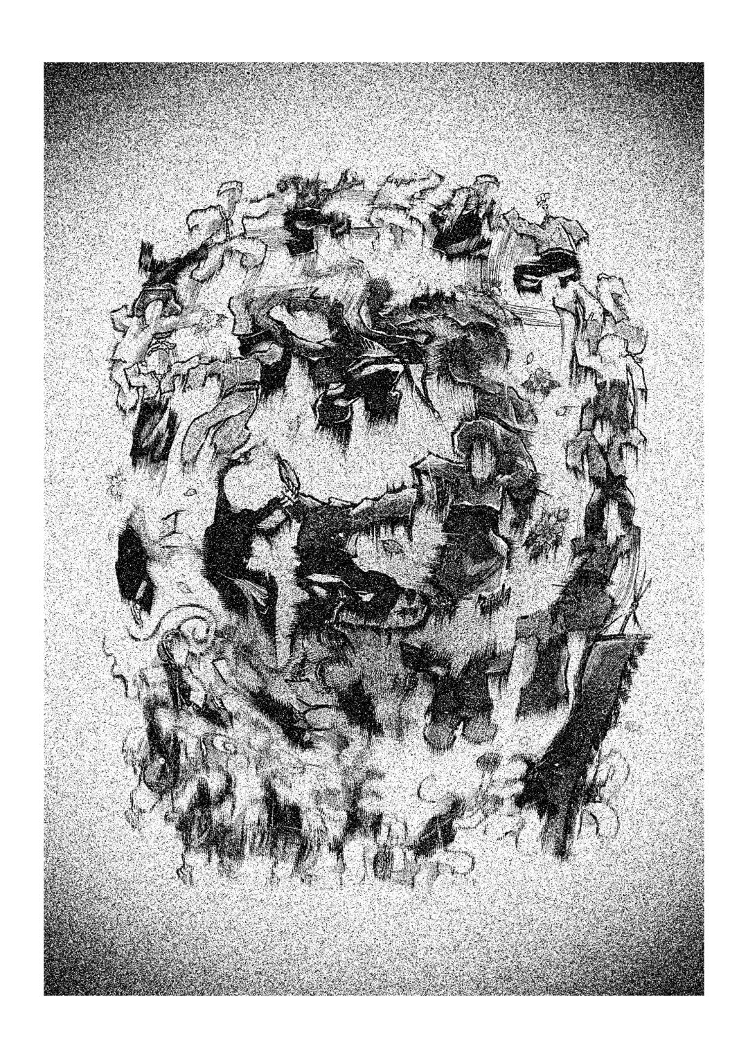 성희원, 〈殘存〉, mixed media on printmaking paper, 19.7x42cm — 가장자리가 고운 알갱이로 번진 흑백 화면 가운데에 검은 붓질과 긁힌 면이 타원형 얼굴처럼 모여 있다