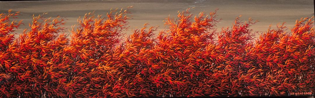 이기홍, 〈바람-붉은 대숲〉, 천에 아크릴릭, 67.5x21cm, 2026 — 바람에 쏠리는 붉은 댓잎이 가로로 길게 이어진 화면