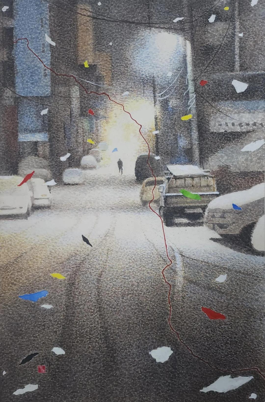 칡뫼 김구, 〈밤골목길ㅡ눈길〉, 2009, 한지 먹 채색, 68.7x45.4cm