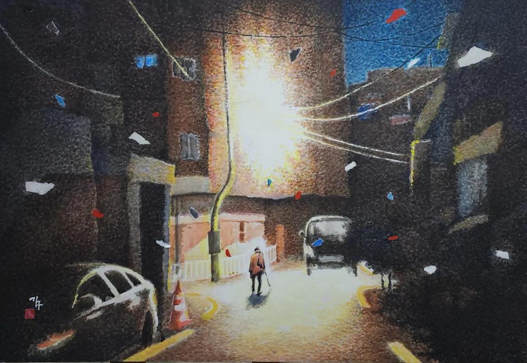 칡뫼 김구, 〈밤골목길ㅡ귀가〉, 2025, 종이 먹 채색, 72.8x52.2cm