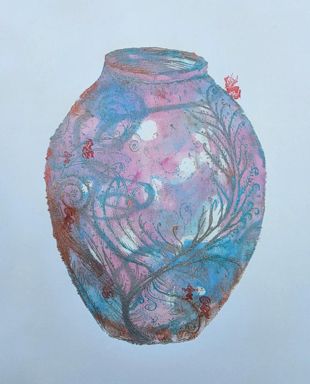 권신애, 〈바람의 기억〉, Etching and Linoleum, Monotype, 34x47cm — 항아리 위로 청록빛 덩굴이 오르고 붉은 인물들이 작게 찍혀 있다